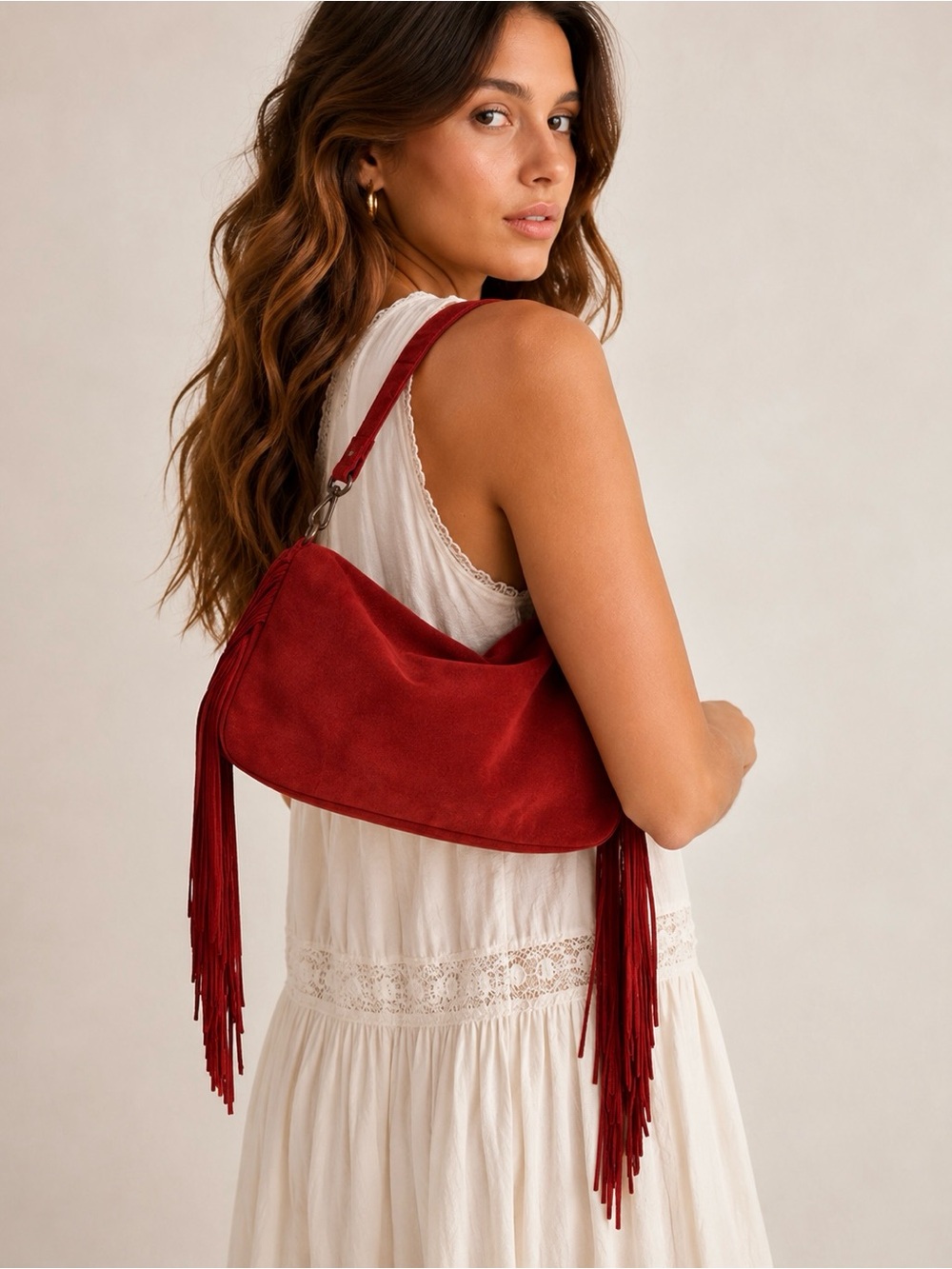 NWT Free People Finn Fringe Shoulder Bag Red Suede Boho Western